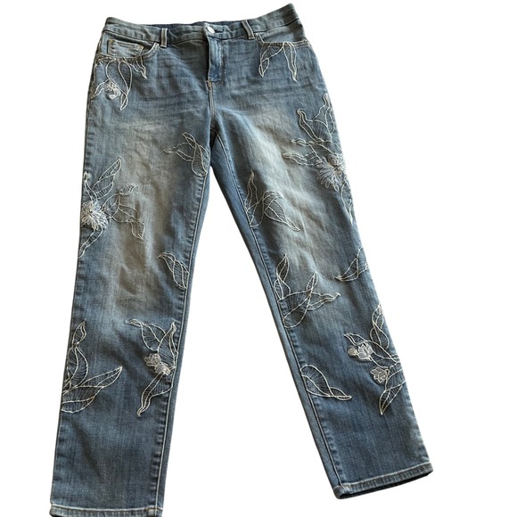 Chico's Denim - Chico's So Slimming Girlfriend Ankle Jeans Women 1.5 Blue Floral Embroidered